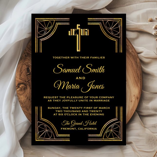 Invitación de boda Cruz de Jesucristo de oro negro (Subido por el creador)