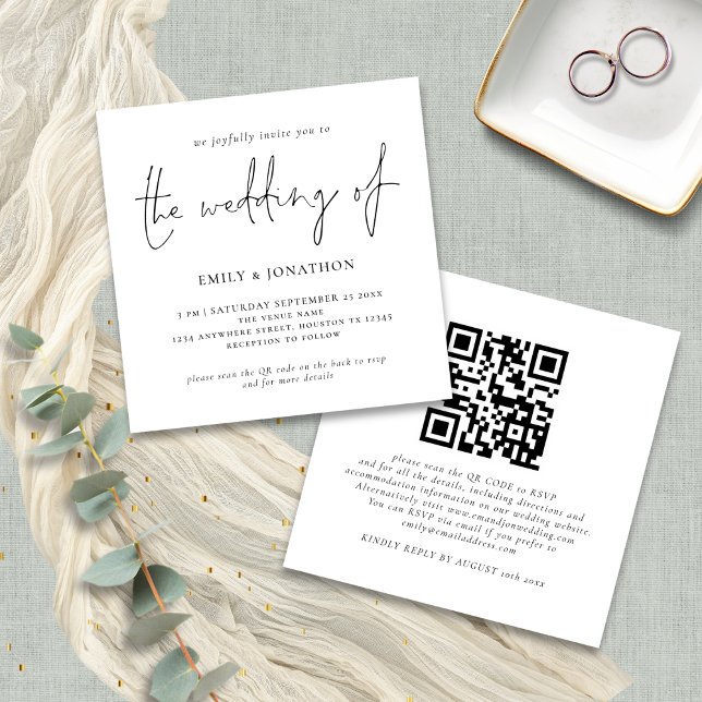 Invitación de boda cuadrada con código QR de letra (Front and back view)