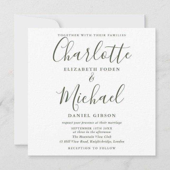 Invitación de boda cuadrada con foto de firma en v (Anverso)