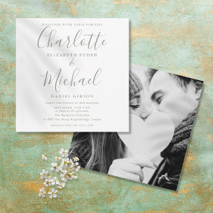 Invitación de boda cuadrada con foto y guión de fi