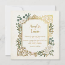 Invitación de boda cuadrada con verde marfil dorad
