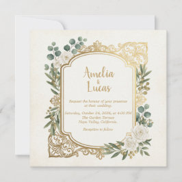 Invitación de boda cuadrada con verde marfil dorad