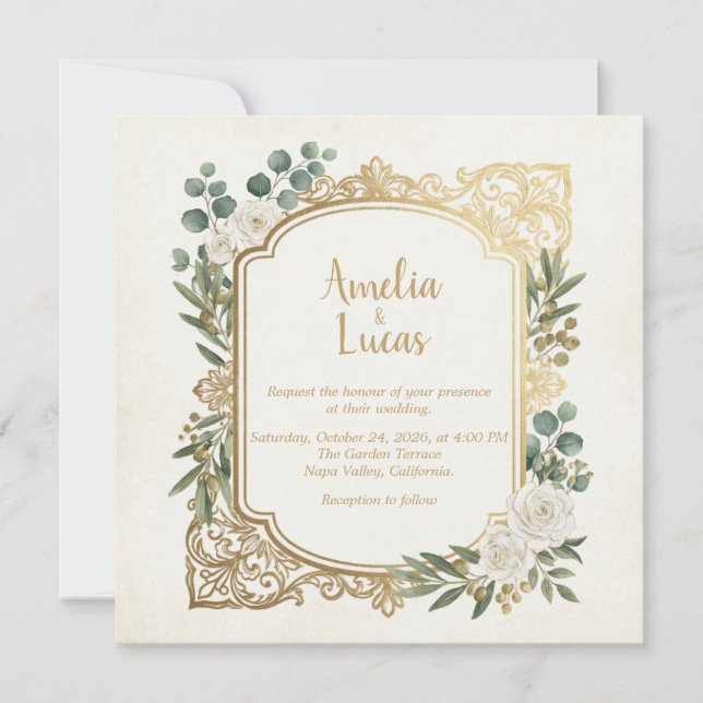 Invitación de boda cuadrada con verde marfil dorad (Anverso)