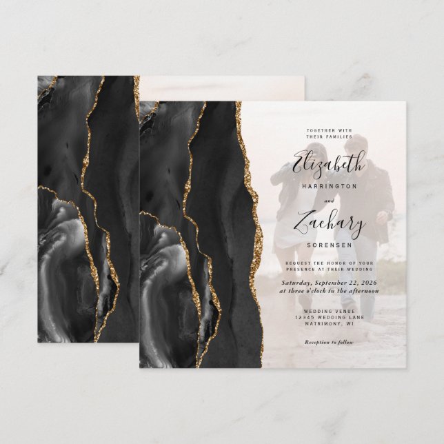 Invitación de boda cuadrada de ágata dorada negra  (Anverso / Reverso)
