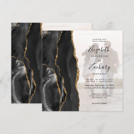 Invitación de boda cuadrada de ágata dorada negra