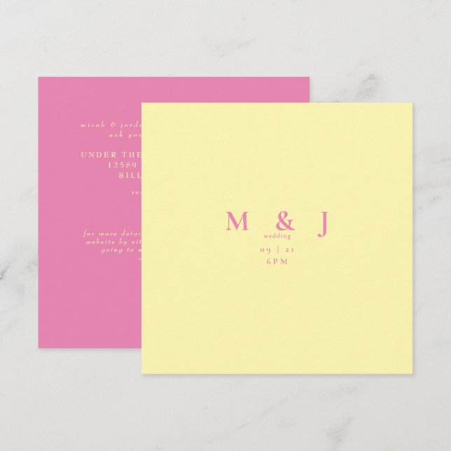 Invitación de boda cuadrada rosa y amarilla contem (Anverso / Reverso)