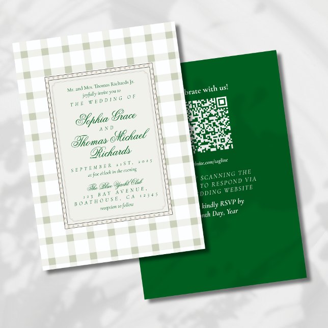 Invitación de Boda Cuadriculada con Letra Cursiva  (Bring understated style to your big day with this Earth Tone Green Wedding Invitation!)