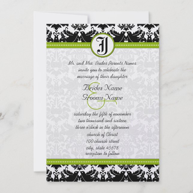 Invitación de boda damasco de pájaros de amor verd (Anverso)