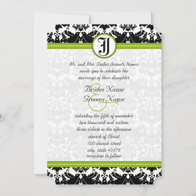 Invitación de boda Damasco Pájaro de Amor Verde Ne (Anverso)