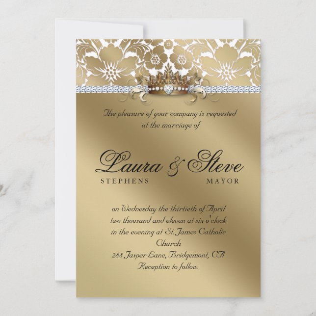 Invitación de boda Damask Floral Gold Crown (Anverso)