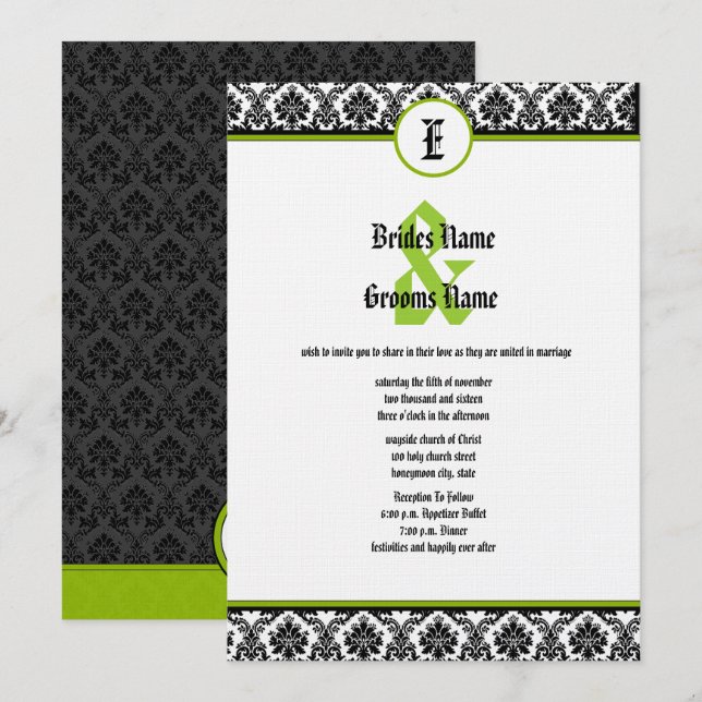 Invitación de Boda Damask Green & Black Renaissanc (Anverso / Reverso)