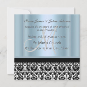 Invitación de boda Damask negra y azul cielo