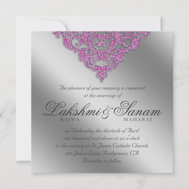 Invitación de boda Damask Sparkle Silver Pink 2 (Anverso)