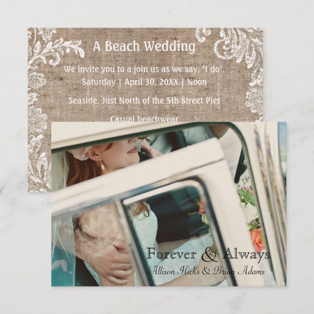 Invitación de boda de 3x5 Beach Burlap & Lace (Anverso / Reverso)