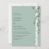 Invitación de boda de abedul y vegetación en verde