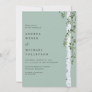 Invitación de boda de abedul y vegetación en verde