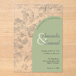 Invitación de boda de acrílico arqueado con dibujo