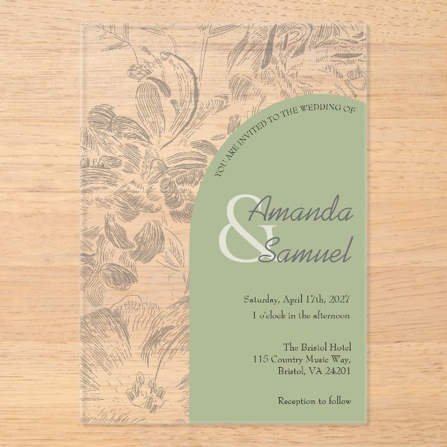 Invitación de boda de acrílico arqueado con dibujo (Anverso)
