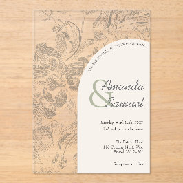 Invitación de boda de acrílico arqueado con dibujo