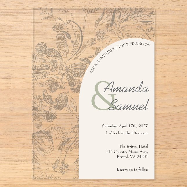 Invitación de boda de acrílico arqueado con dibujo (Anverso)