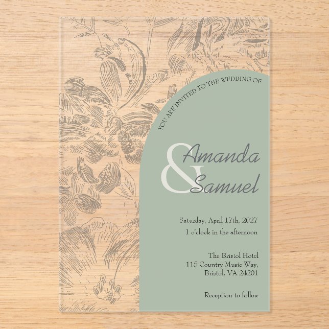 Invitación de boda de acrílico arqueado con dibujo (Anverso)