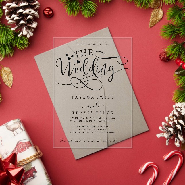 Invitación de boda de acrílico blanco con caligraf (Insitu (Vacaciones))