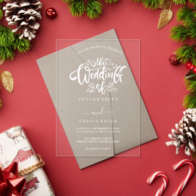 Invitación de Boda de Acrílico Blanco con Caligraf (Insitu (Vacaciones))