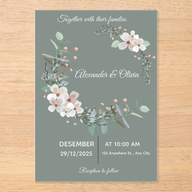Invitación de boda de acrílico blanco y verde eleg (Anverso)