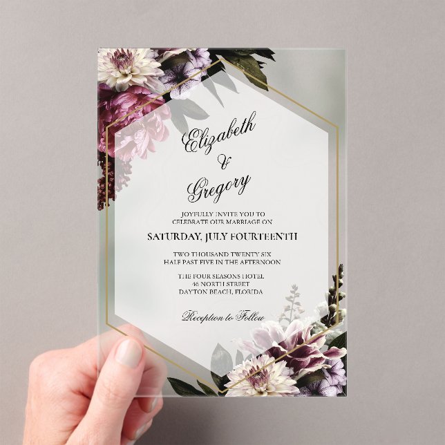 Invitación de boda de acrílico botánico rosado (Insitu (portátil))