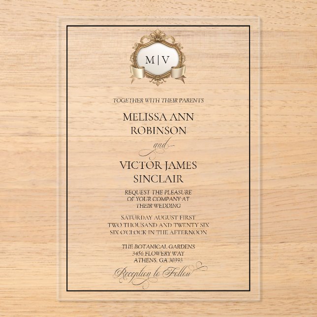 Invitación de boda de acrílico con cresta de monog (Anverso)
