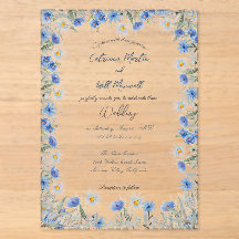 Invitación de boda de acrílico con flores azules