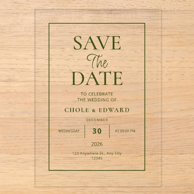 Invitación de boda de acrílico con letra script el (Anverso)