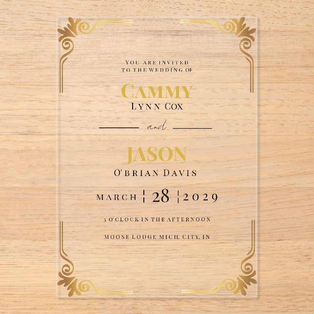 Invitación de boda de acrílico con marco de esquin (Anverso)