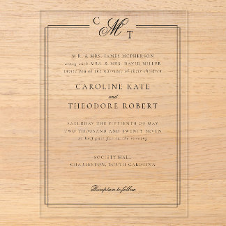 Invitación de boda de acrílico con monograma elega