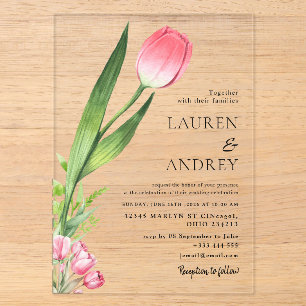 Invitación de boda de acrílico con tulipán rosa