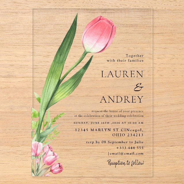 Invitación de boda de acrílico con tulipán rosa (Anverso)