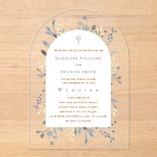 invitación de boda de acrílico de follaje azul