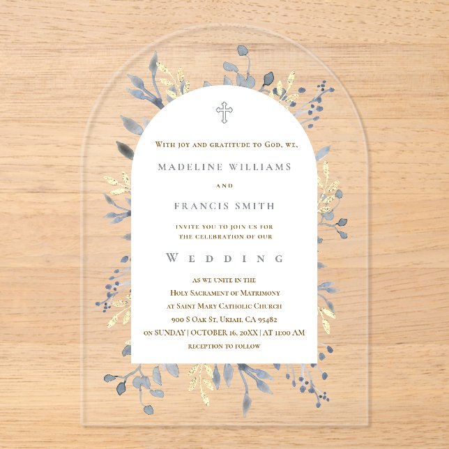 invitación de boda de acrílico de follaje azul (Anverso)