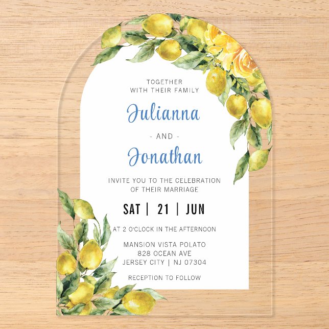 Invitación de boda de acrílico de limón italiano (Anverso)