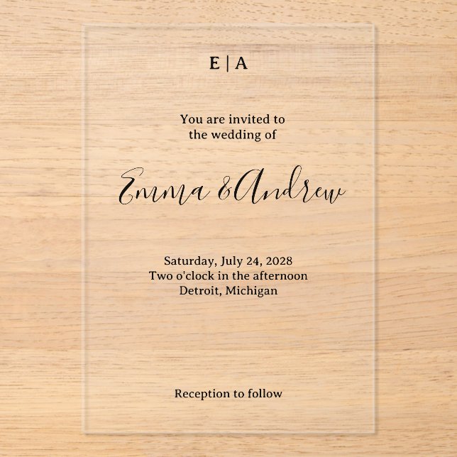 Invitación de boda de acrílico de lujo | Clara, pe (Anverso)