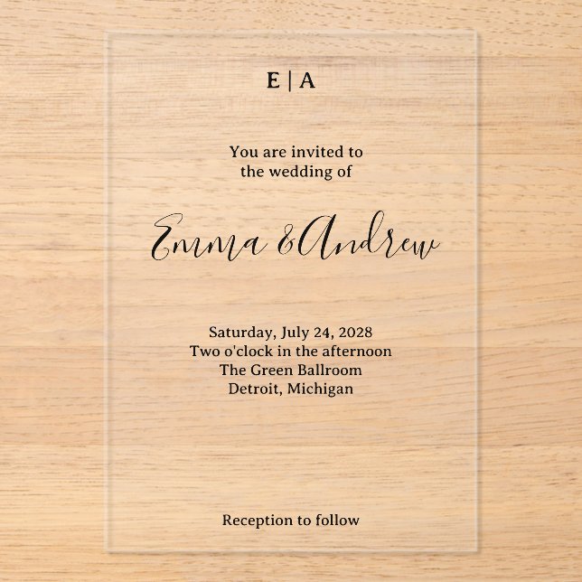 Invitación de boda de acrílico de lujo | Clara, pe (Anverso)