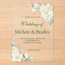Invitación de boda de acrílico de rosas blancas