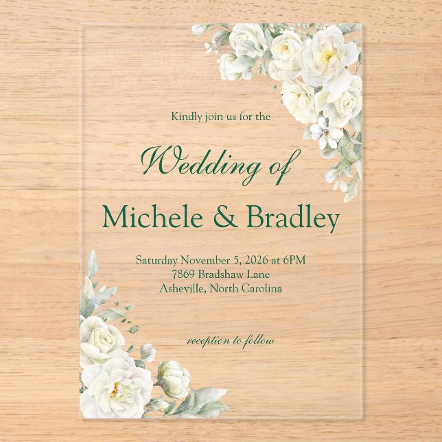 Invitación de boda de acrílico de rosas blancas (Anverso)