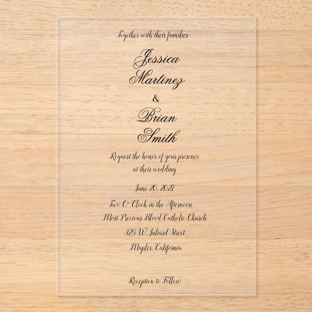 Invitación de boda de acrílico elegante (Anverso)