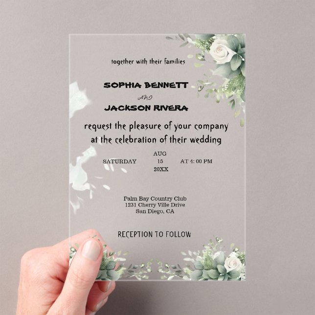 Invitación de boda de acrílico elegante con vegeta (Insitu (portátil))
