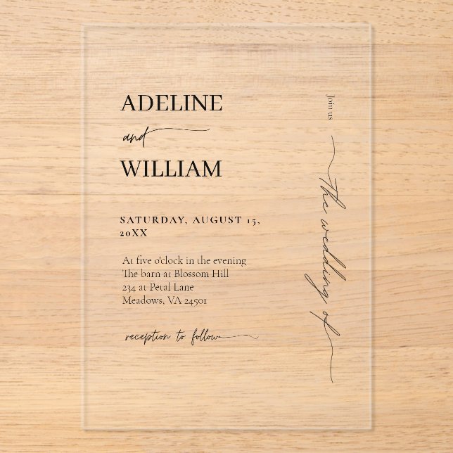Invitación de boda de acrílico elegante moderna (Anverso)