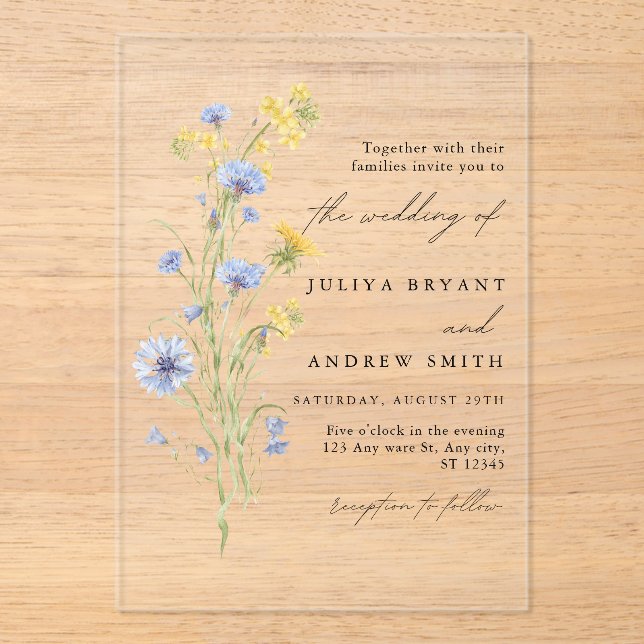 Invitación de boda de acrílico Flor silvestre azul (Anverso)