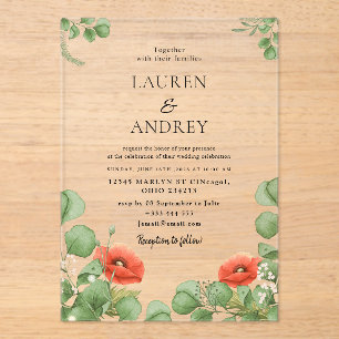 Invitación de boda de acrílico floral amapola