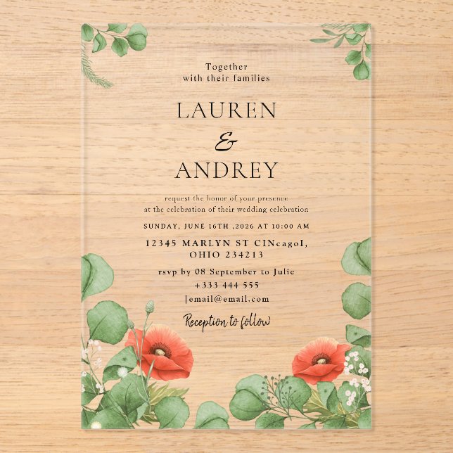 Invitación de boda de acrílico floral amapola (Anverso)