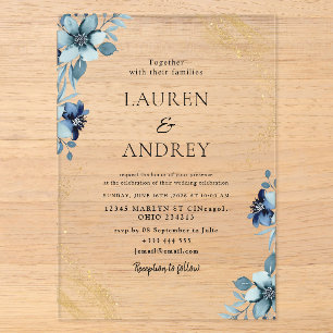 Invitación de boda de acrílico floral azul elegant